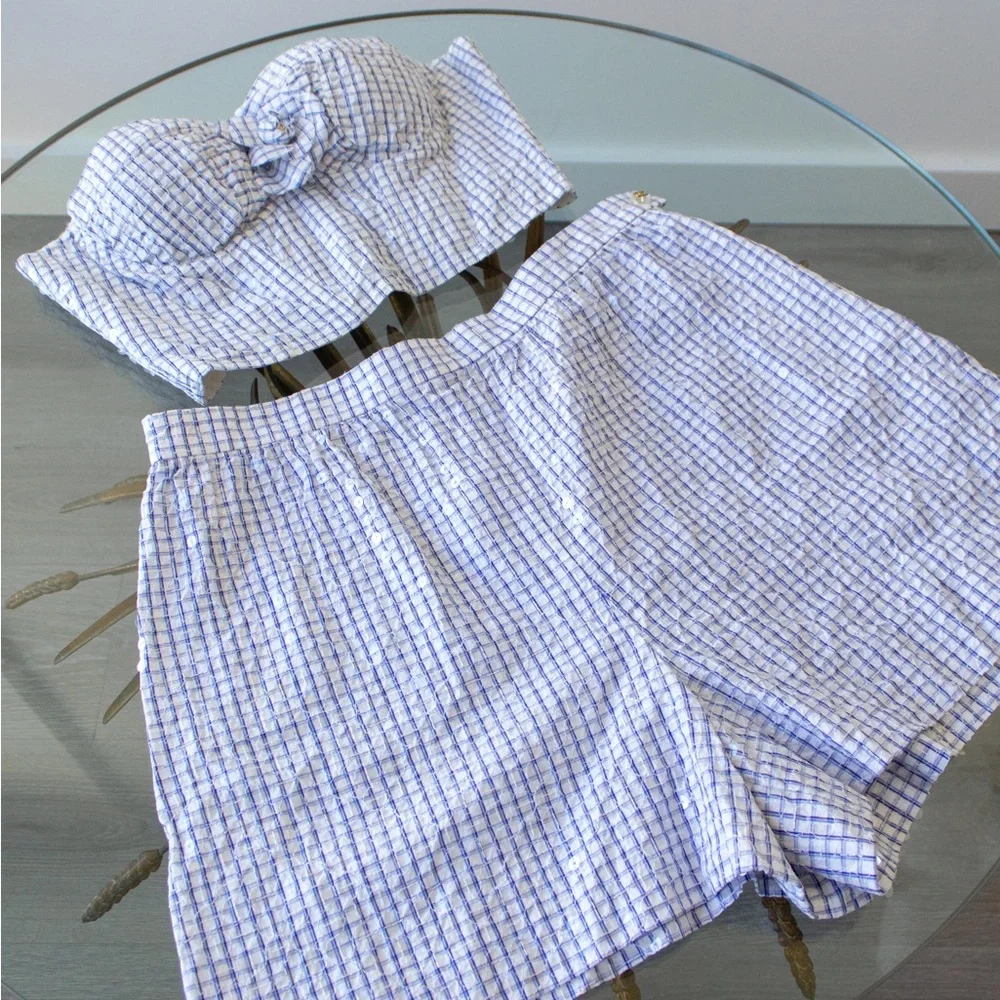 Rare Chanel Vintage Cruise 1995 Blue Gingham Bustier Shorts Camellia 95C Set - Picture 5 of 15